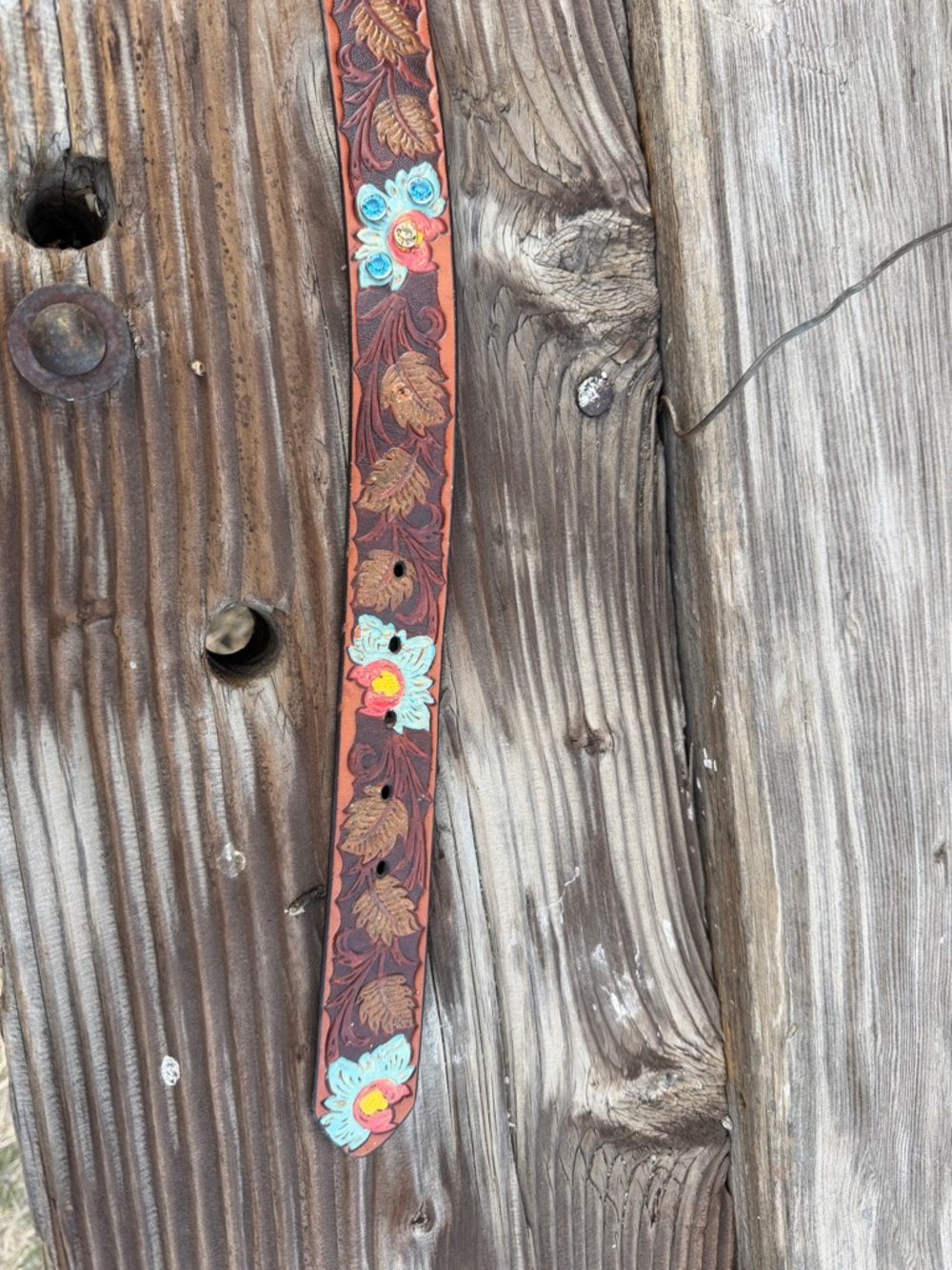 Ariat Tooled and Painted Leather Floral Belt with Turquoise & Amber Rhinestones - Picture 3 of 4